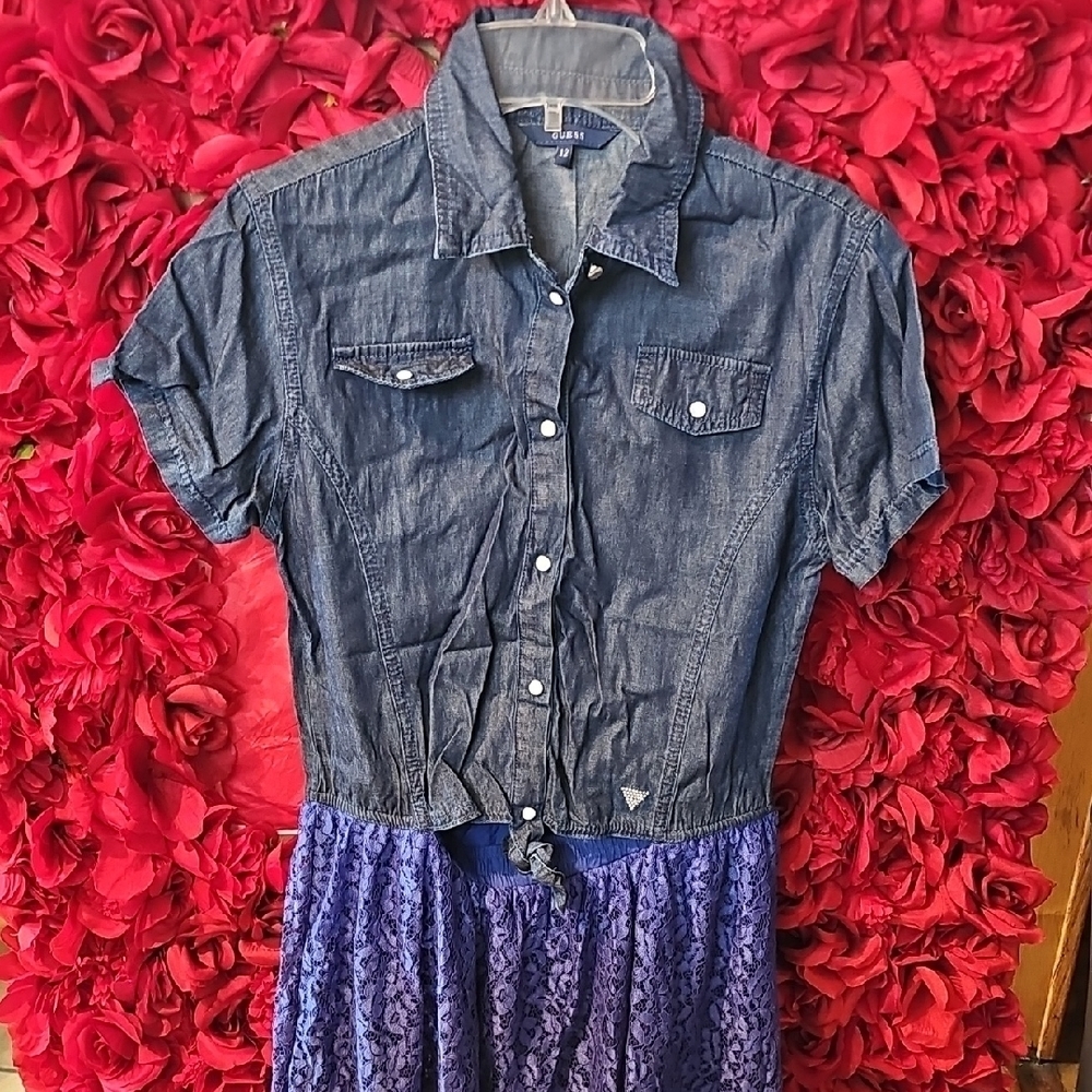 Guess Girls Blue Denim Button-Up Dress With Attached Lace Skirt Size 12 Like New